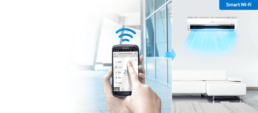 Currently image is using an App on smartphone the smart Wi-Fi functions of the Samsung air conditioner.